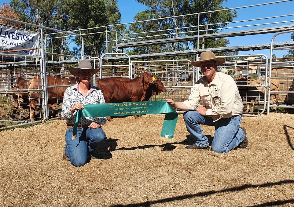 Konjuli Stud, Sean & Evonne Barrett enjoyed success at the Gympie show in 2021, winning Reserve Champion pen of heifers with two of their commercial Droughtmaster heifers. Picture supplied
