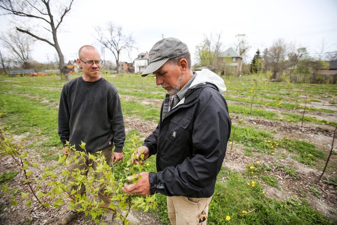 Mike Score, president of Hantz Farms, and Andy Williams, manager of Hantz Farms, walk through the east village neighborhood where Hantz Woodlands are located in east Detroit on Wednesday, May 4, 2016.